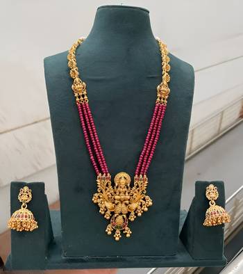 Antique-finish goddess ruby beaded Necklace :: & stud earring set - traditional kemp stone temple jewelry 2