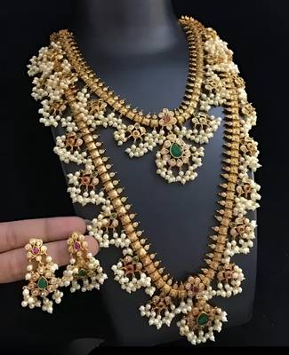 Antique-finish temple jewelry set with green stone & pearl details-traditional south indian bridal necklace earrings set 1