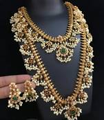 Antique-finish temple jewelry set with green stone & pearl details-traditional south indian bridal necklace earrings set