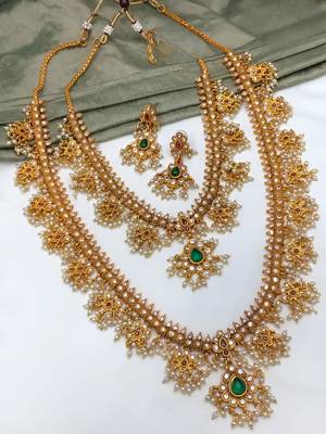 Antique-finish temple jewelry set with green stone & pearl details-traditional south indian bridal necklace earrings set 2