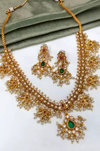 Antique-finish temple jewelry set with green stone & pearl details-traditional south indian bridal necklace earrings set