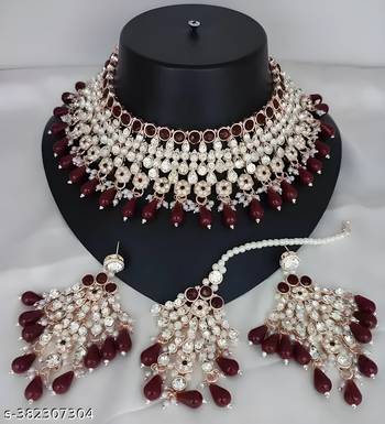Regal maroon kundan & pearl bridal jewelry set-luxury choker necklace earrings & maang tikka-ethnic wedding & party wear 1