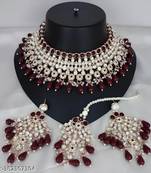 Regal maroon kundan & pearl bridal jewelry set-luxury choker necklace earrings & maang tikka-ethnic wedding & party wear