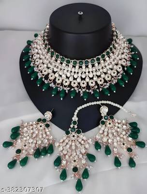 Royal green kundan & pearl bridal jewelry set-luxury choker necklace earrings & maang tikka-ethnic wedding & party wear 1
