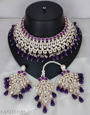 Royal purple kundan & pearl bridal jewelry set-luxury choker necklace earrings & maang tikka-ethnic wedding & party wear 1