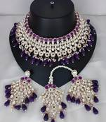 Royal purple kundan & pearl bridal jewelry set-luxury choker necklace earrings & maang tikka-ethnic wedding & party wear