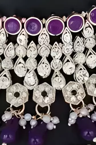Royal purple kundan & pearl bridal jewelry set-luxury choker necklace earrings & maang tikka-ethnic wedding & party wear