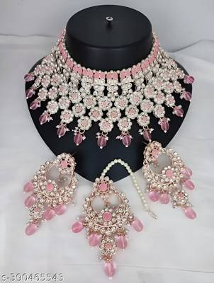 Graceful pink kundan & pearl bridal jewelry set-statement choker necklace earrings & maang tikka-wedding & festive wear 1