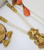 Temple jewelry set - antique gold lakshmi pendant pearl string necklace - south indian traditional wedding collection