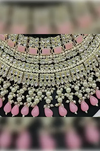 Royal pearl and crystal choker set - gold-plated wedding jewelry with earrings and ring