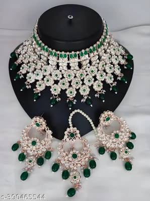 Royal green kundan & pearl bridal jewelry set-statement choker Necklace :: earrings & maang tikka-wedding & festive wear 1