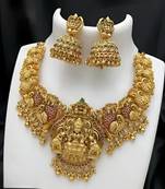 Bridal lakshmi temple necklace set – gold-plated ethnic jewelry with jhumka earrings