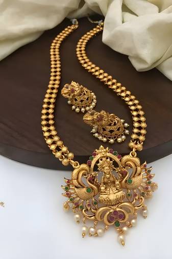 Traditional temple long necklace set with pearl drops - antique gold south indian wedding jewelry set