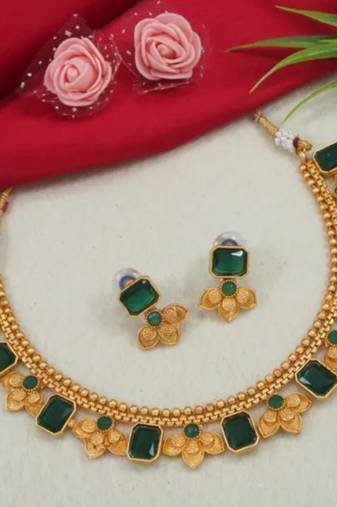 Antique gold floral choker set - adjustable designer necklace  - traditional indian wedding jewelry collection