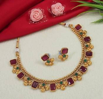Antique gold ruby green floral choker set - adjustable designer Necklace ::  - traditional indian wedding jewelry set 1