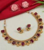 Antique gold ruby green floral choker set - adjustable designer necklace  - traditional indian wedding jewelry set