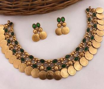 Antique gold temple coin necklace set with  emerald green stones - traditional south indian bridal jewelry set 1