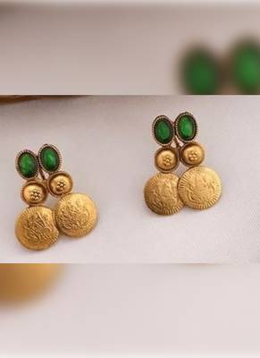 Antique gold temple coin necklace set with  emerald green stones - traditional south indian bridal jewelry set 2