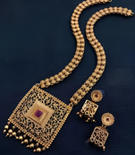 Antique gold-plated filigree necklace set – traditional long haram with ruby accent