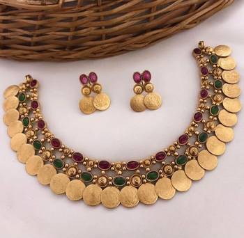 Antique gold temple coin necklace set with ruby & emerald stones - traditional south indian bridal jewelry set 1
