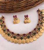 Antique gold temple coin necklace set with ruby & emerald stones - traditional south indian bridal jewelry set