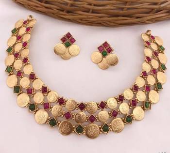 Temple coin necklace set with red green stones - traditional south indian  lakshmi wedding jewelry collection 1