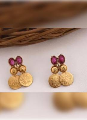 Antique gold temple coin necklace set with ruby & emerald stones - traditional south indian bridal jewelry set 2