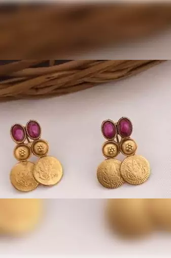 Antique gold temple coin necklace set with ruby & emerald stones - traditional south indian bridal jewelry set