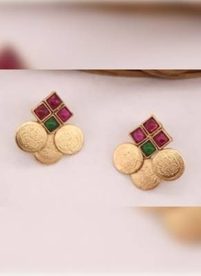 Temple coin necklace set with red green stones - traditional south indian  lakshmi wedding jewelry collection 2