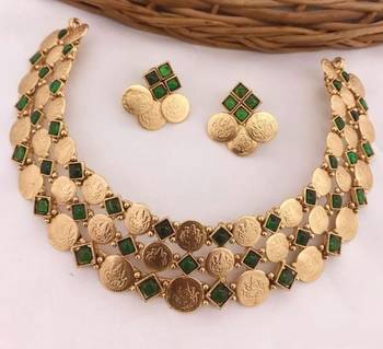 Temple coin necklace set with emerald green stones - traditional south indian design wedding jewelry collection 1