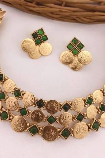 Temple coin necklace set with emerald green stones - traditional south indian design wedding jewelry collection