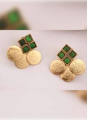Temple coin necklace set with emerald green stones - traditional south indian design wedding jewelry collection 2