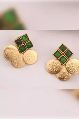 Temple coin necklace set with emerald green stones - traditional south indian design wedding jewelry collection