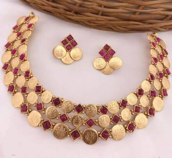Temple coin necklace set with red stones - traditional south indian lakshmi design wedding jewelry set 1