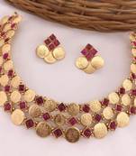 Temple coin necklace set with red stones - traditional south indian lakshmi design wedding jewelry set