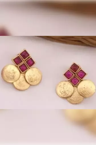 Temple coin necklace set with red stones - traditional south indian lakshmi design wedding jewelry set
