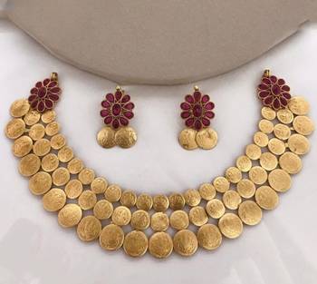 Traditional lakshmi coin Necklace :: set with vibrant red stones - antique gold temple jewelry set 1