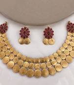 Traditional lakshmi coin necklace set with vibrant red stones - antique gold temple jewelry set