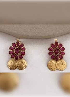 Traditional lakshmi coin Necklace :: set with vibrant red stones - antique gold temple jewelry set 2