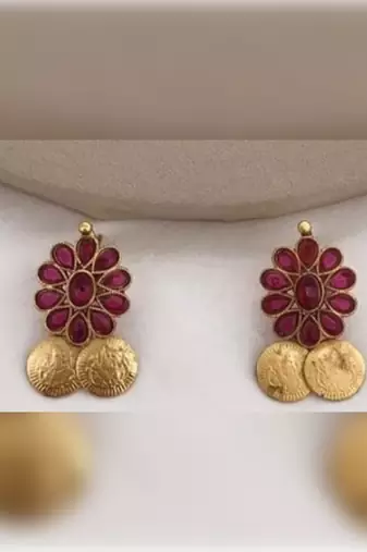 Traditional lakshmi coin Necklace :: set with vibrant red stones - antique gold temple jewelry set