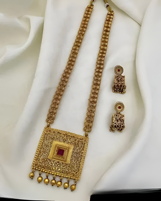 Antique gold-plated filigree Necklace :: set     traditional long haram with ruby accent 3