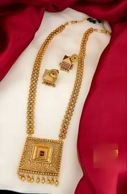 Antique gold-plated filigree Necklace :: set     traditional long haram with ruby accent 4
