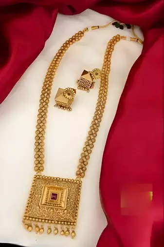 Antique gold-plated filigree Necklace :: set     traditional long haram with ruby accent