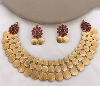 Traditional lakshmi coin Necklace :: set with red green stones - antique gold temple jewelry set 1