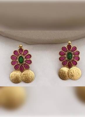 Traditional lakshmi coin Necklace :: set with red green stones - antique gold temple jewelry set 2