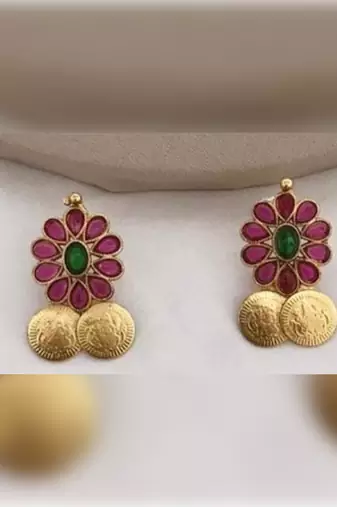 Traditional lakshmi coin Necklace :: set with red green stones - antique gold temple jewelry set