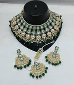 Kundan bridal jewelry set -green & crystal choker with earrings & maang tikka - traditional gold-plated wedding set