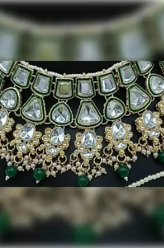 Kundan bridal jewelry set -green & crystal choker with earrings & maang tikka - traditional gold-plated wedding set