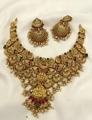 Bridal temple jewelry set – gold-plated goddess lakshmi necklace with jhumkas 1