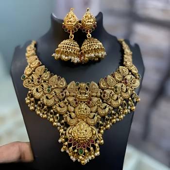 Bridal temple jewelry set – gold-plated goddess lakshmi necklace with jhumkas 2